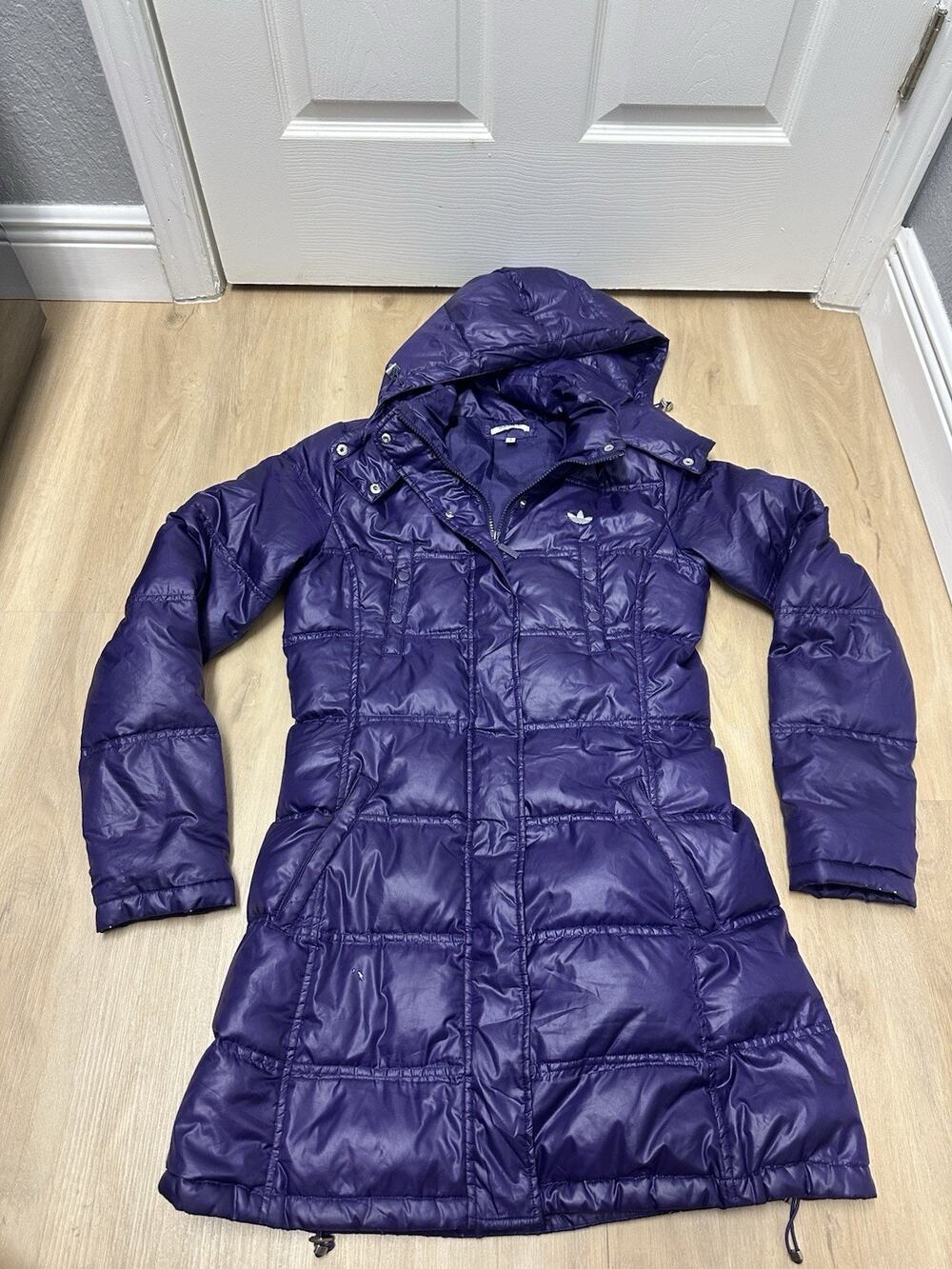 Adidas Women's Puffer Jacket Size 38 Or Small Purple Hooded Parka Winter Coat
